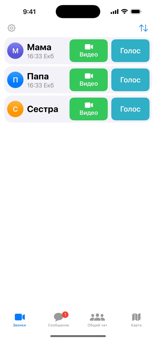 Список семьи с кнопками «Видео» и «Голос»; под именами — который час у родных
